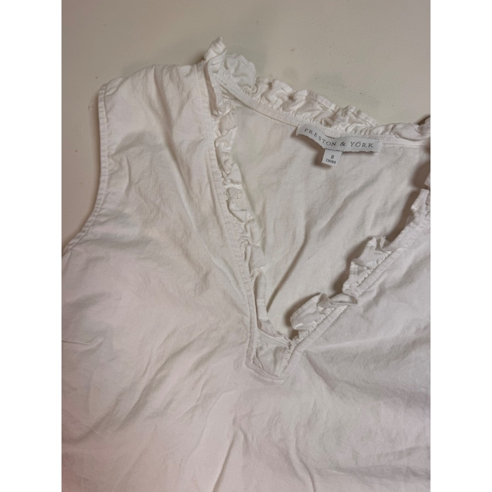 Preston & York Sleeveless Top Women Size 8 White Excellent Ruffled V-Neck Linen - Picture 4 of 8